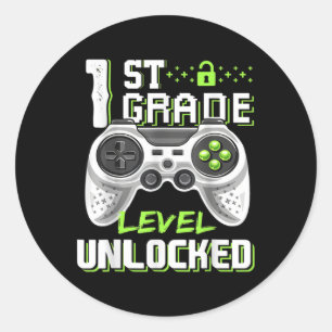 Pegatina Redonda 1st Grade Level Unlocked Gamer First Day Of School