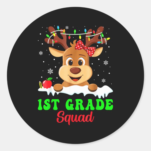 Pegatina Redonda 1st Grade Squad Xmas Reindeer Teacher Student Chri (Anverso)