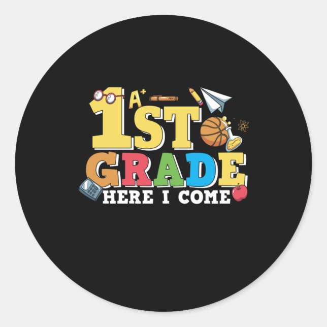 Pegatina Redonda 1st Grade Teacher First Grade Here I Come (Anverso)