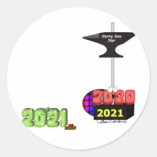 Pegatina Redonda 2021 Aplastando 2020 con Yunque de Feliz Año Nuevo