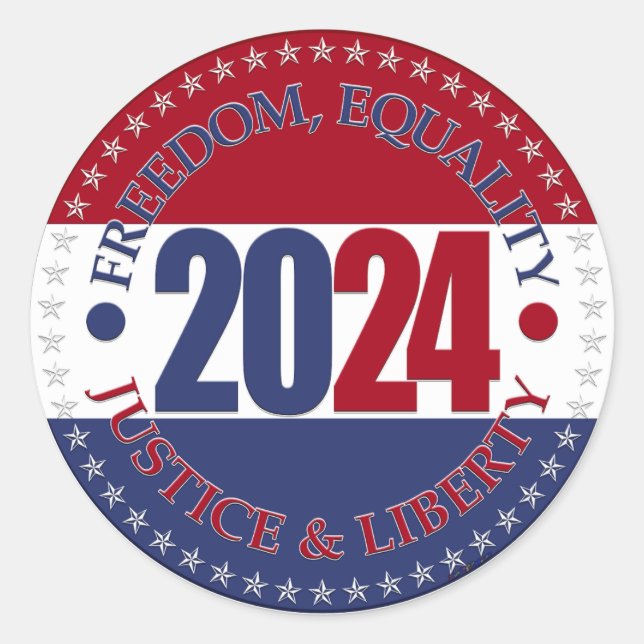 Pegatina Redonda 2024 Red Blue Freedom, Equality, Justice, Liberty (Anverso)