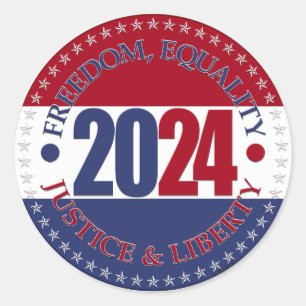 Pegatina Redonda 2024 Red Blue Freedom, Equality, Justice, Liberty