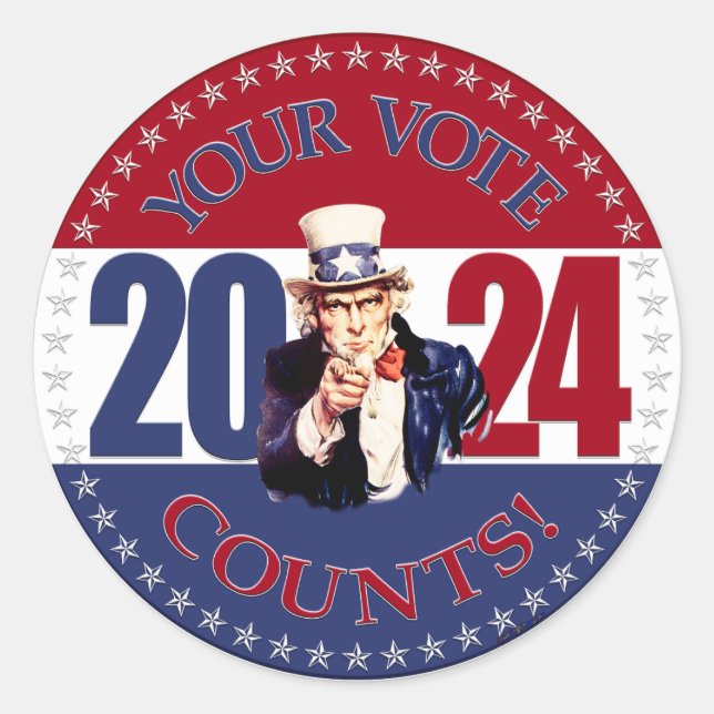Pegatina Redonda 2024 Rojo y azul tu voto cuenta al tío Sam (Anverso)