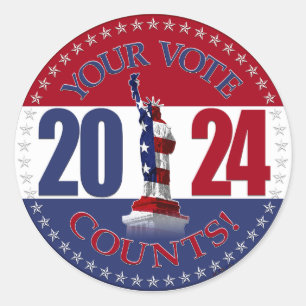 Pegatina Redonda 2024 Rojo y azul tu voto cuenta estatua libertad