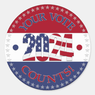Pegatina Redonda 2024 Su voto cuenta la bandera de EE.UU.