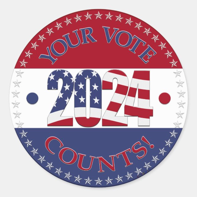 Pegatina Redonda 2024 Su voto cuenta la bandera de EE.UU. (Anverso)