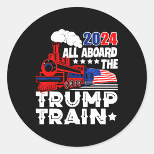 Pegatina Redonda 2024 Todo A Bordo Del Tren Trump Bandera Estadouni