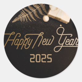Pegatina Redonda 2025 Feliz Año Nuevo Personalizado Negro Oro Negoc