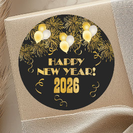 Pegatina Redonda 2026 Black Gold Glitter New Year's Eve Party