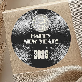 Pegatina Redonda 2026 Black Silver Glitter New Year's Eve Party