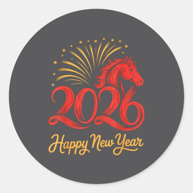 Pegatina Redonda 2026 Chinese Zodiac Horse Year Happy New Year Fire (Anverso)