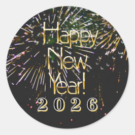 Pegatina Redonda 2026, Feliz año nuevo, fuegos artificiales Feliz N