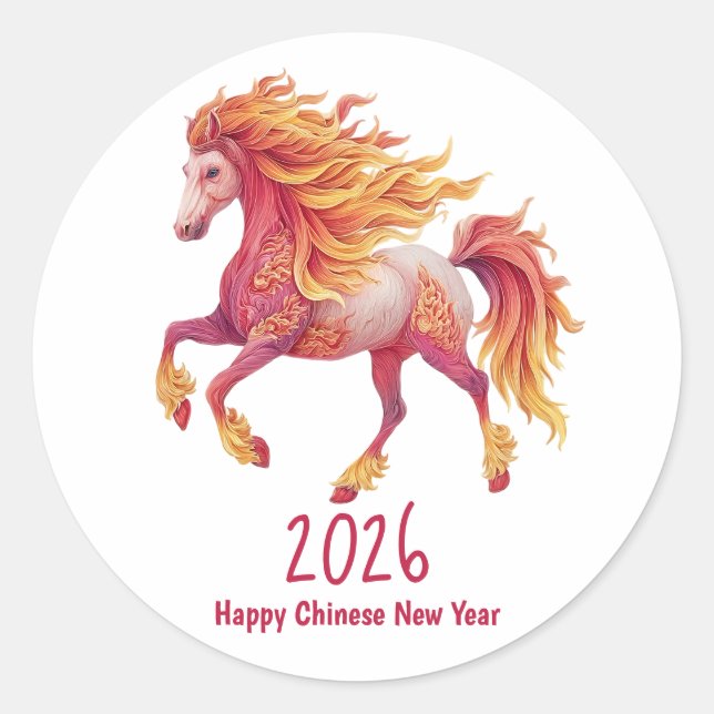 Pegatina Redonda 2026 Fiery Horse – Happy Chinese New Year (Anverso)