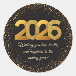 Pegatina Redonda 2026 happy new year, black gold glitters modern