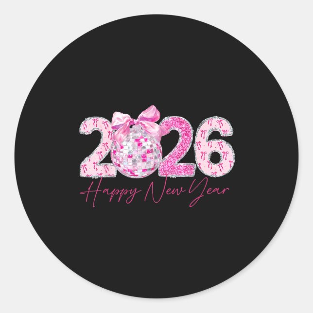 Pegatina Redonda 2026 Happy New Year Bow Patch Disco Ball  (Anverso)