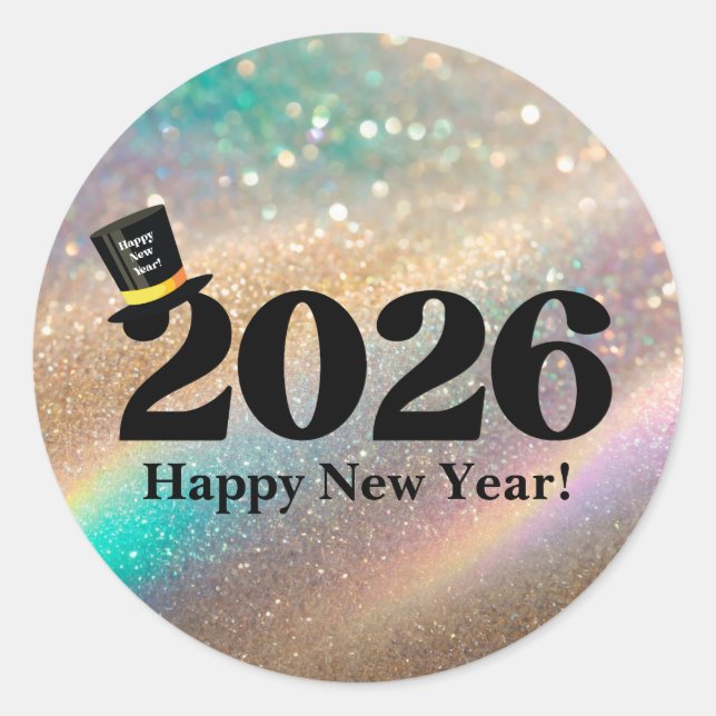 Pegatina Redonda 2026 happy new year, fun cute hat glitters (Anverso)