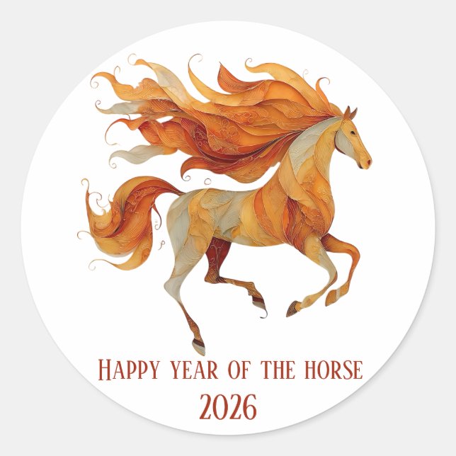 Pegatina Redonda 2026 Happy Year of the Horse Design (Anverso)