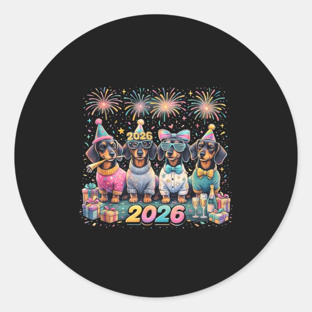Pegatina Redonda 2026 New Year Dachshund Party Fireworks Fun  (Anverso)