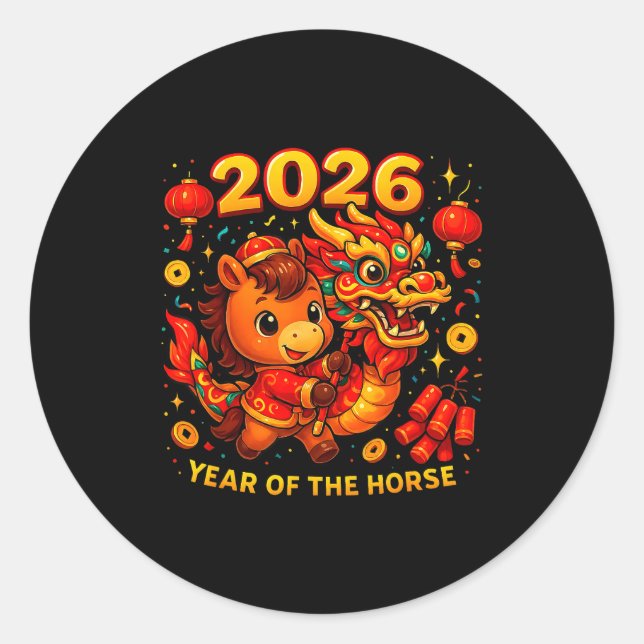Pegatina Redonda 2026 Year Of The Horse Cute Lunar Newyear Art  (Anverso)