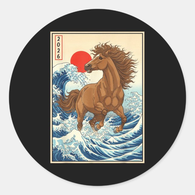 Pegatina Redonda 2026 Year Of The Horse Japanese Wave Art Lunar New (Anverso)
