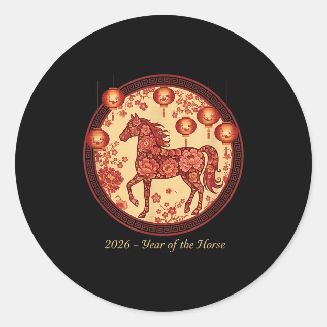 Pegatina Redonda 2026 Year Of The Horse Lantern Design – Floral Zod (Anverso)