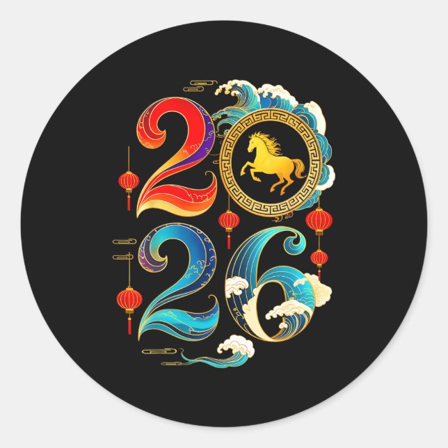 Pegatina Redonda 2026 Year Of The Horse Lunar Chinese New Year 2026 (Anverso)