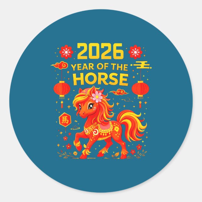 Pegatina Redonda 2026 Year Of The Horse Lunar New Year 2026 Chinese (Anverso)