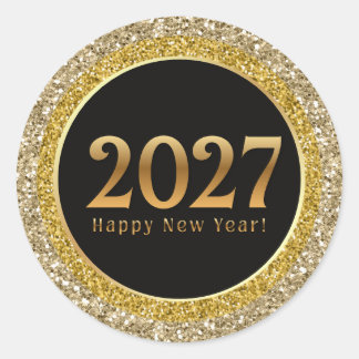 Pegatina Redonda 2027 feliz año nuevo, destellos metálicos dorados 