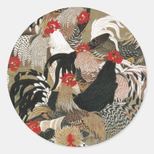 Pegatina Redonda 20. 群 鶏 図, 若 冲 rebaño de gallos, Jakuchu