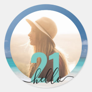 Pegatina Redonda 21.ª foto de Birthday Beach personalizada