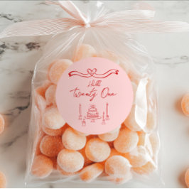 Pegatina Redonda 21 Velas de Pastel de Mano Rosa Roja Cumpleaños