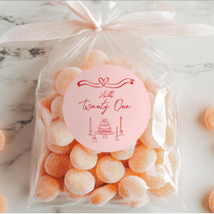 Pegatina Redonda 21 Velas de Pastel de Mano Rosa Roja Cumpleaños
