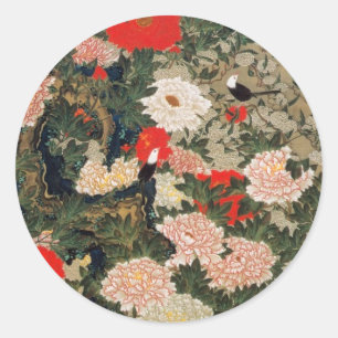 Pegatina Redonda 22. 牡丹小禽図, Peonies y pequeños pájaros, Jakuchū del