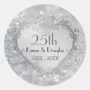 Pegatina Redonda 25º aniversario del Boda Sparkle Silver Heart