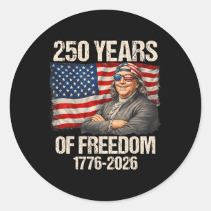 Pegatina Redonda 250 Años Ben Franklin Bandera Americana 1776-2026