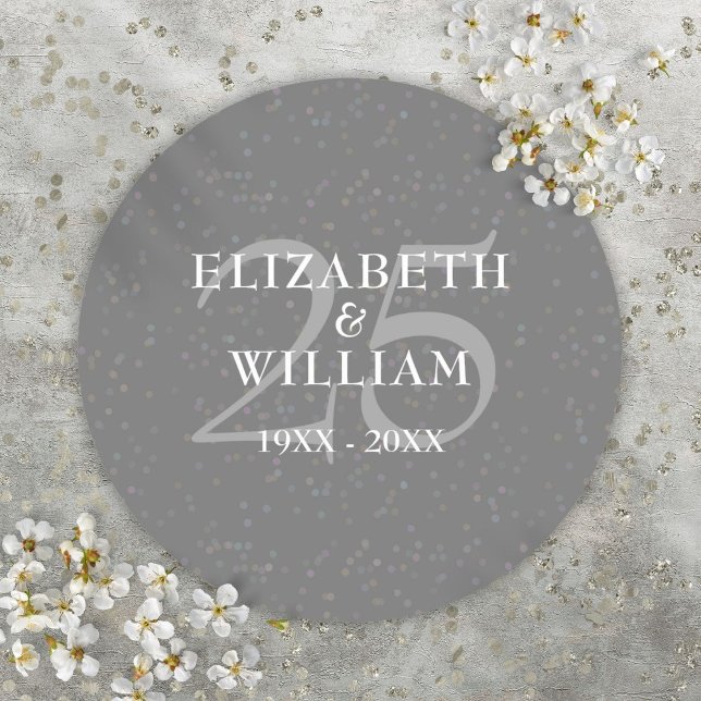 Pegatina Redonda 25° Aniversario Boda de Plata Stardust Confetti (25th Wedding Anniversary Silver Stardust Confetti Classic Round Sticker)