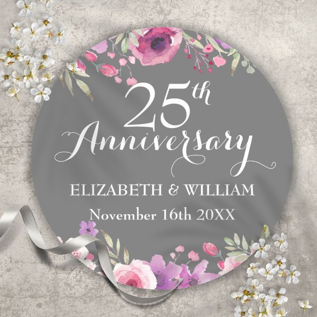 Pegatina Redonda 25° aniversario Boda Rosas de acuarela vegetación (25th Wedding Anniversary Watercolor Roses Greenery Classic Round Sticker)