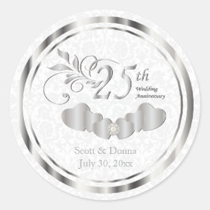 Pegatina Redonda 25° aniversario de Boda de plata - Damasco blanco