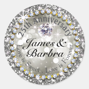 Pegatina Redonda 25° Aniversario de Glitzy Diamond Bling   plata