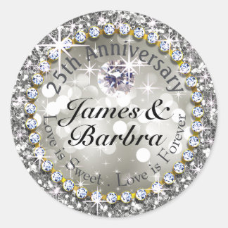 Pegatina Redonda 25° Aniversario de Glitzy Diamond Bling | plata