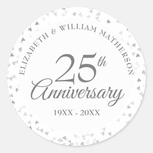 Pegatina Redonda 25° Aniversario de Silver Love Hearts Confetti (Anverso)