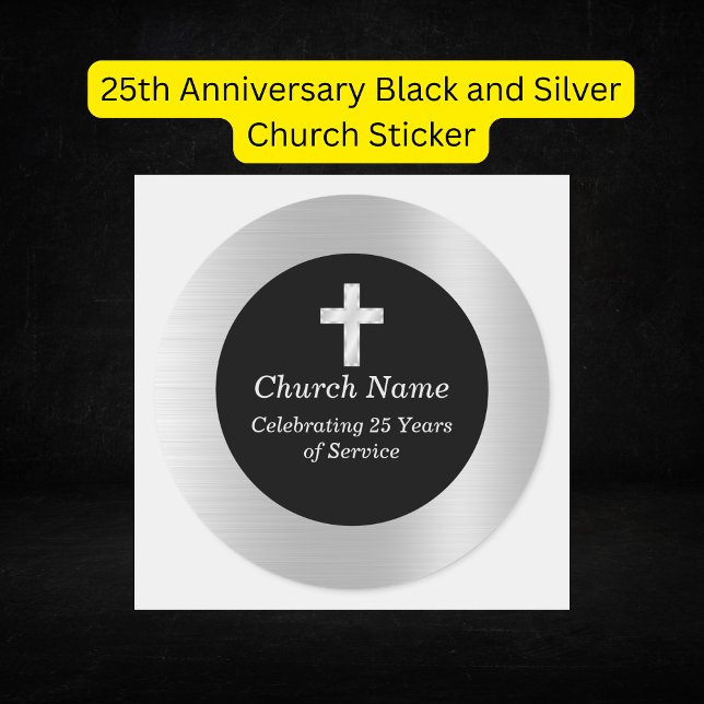 Pegatina Redonda 25° Aniversario Keepsake de la Iglesia Negra y Pla (25th Anniversary Black and Silver Church Sticker
)