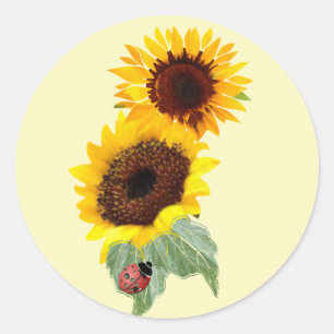Pegatina Redonda 2 Girasoles y una mariquita: