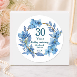 Pegatina Redonda 30º Aniversario de Boda Floral Azul Perla