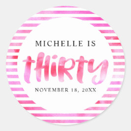 Pegatina Redonda 30.º cumpleaños Treinta acuarelas rosadas Lavado m