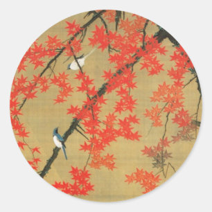 Pegatina Redonda 30. 紅 葉 小 禽 図, 若 Maple y Aves Pequeñas, Jakuchū