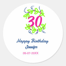 Pegatina Redonda 30 cumpleaños nombre de la corona azul verde fecha