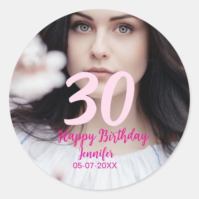 Pegatina Redonda 30th birthday add name date year white photo (Anverso)