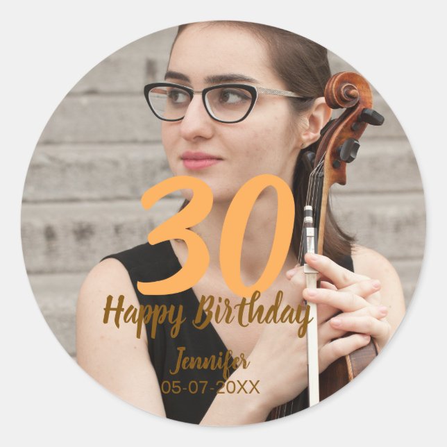 Pegatina Redonda 30th birthday add name date year white photo (Anverso)