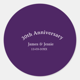 Pegatina Redonda 30th wedding anniversary name date purple simple 